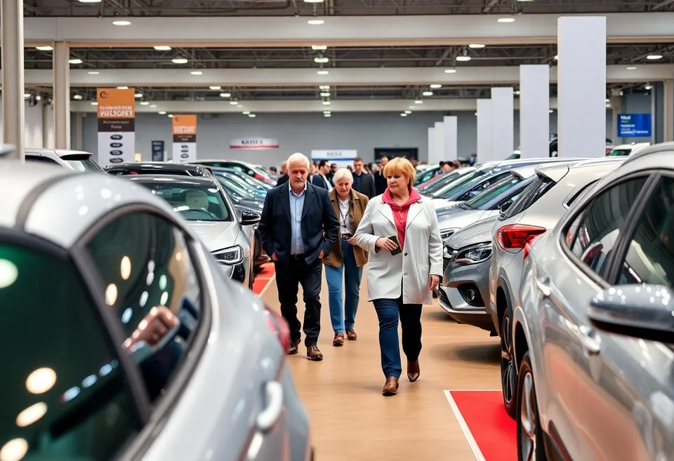Hala targów motoryzacyjnych z rzędami aut i zwiedzającymi między stoiskami