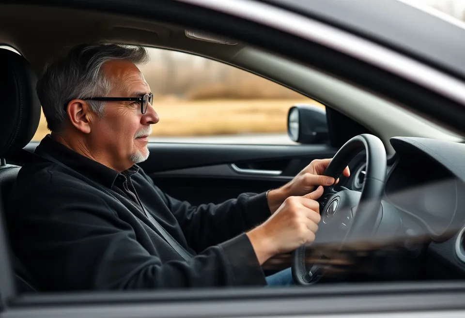 Kierowca po pięćdziesiątce za kierownicą, spokojnie prowadzi auto w trasie